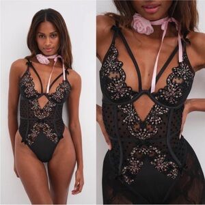 For Love and Lemons Caprice Polka Dot Floral Strappy Teddy Lingerie Bodysuit 38D